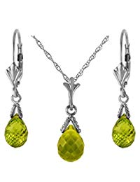 14k Solid Gold Jewelry Set: Natural Briolette 7 Carat Total Peridot Pendant Necklace and Dangle Earrings