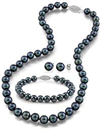 THE PEARL SOURCE 14K Gold Round Black Akoya Cultured Pearl Necklace, Bracelet & Earrings Set in 18