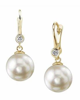THE PEARL SOURCE 14K Gold AAA Quality Round Genuine White Akoya Cultured Pearl & Diamond Michelle Earrings for Women