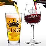 King Beer Queen Wine Glass Gift Set- Gift from Husband to Wife- Present Idea for Bridal Shower, Wedding, Engagement, Anniversary, Newlyweds, and Couples-Him, Her, Mr. Mrs. - Gift for Mom