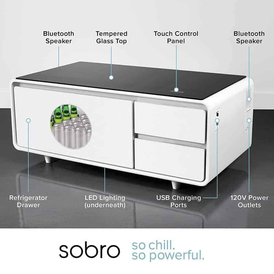 Sobro SOCTB300WHBK Coffee Table with Refrigerator Drawer Bluetooth Speakers, LED Lights, USB Charging Ports for Tablets, Laptops, or a Cell Phone - Perfect for Parties or Entertaining, White