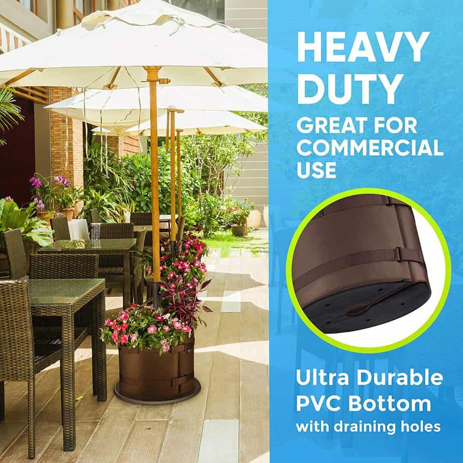 BaseMate The Original Rhino Patio Umbrella Base Weight Planter - - Premium Windproof Garden Planters Weight Secures Safety & Adds Beauty - Non-Woven Grow Bag Fabric Pot. [18 inch] (Brown)