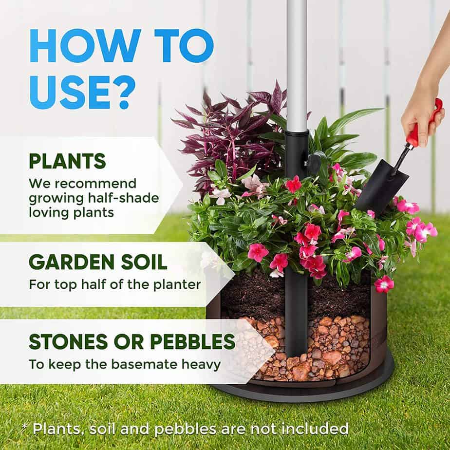 BaseMate The Original Rhino Patio Umbrella Base Weight Planter - - Premium Windproof Garden Planters Weight Secures Safety & Adds Beauty - Non-Woven Grow Bag Fabric Pot. [18 inch] (Brown)