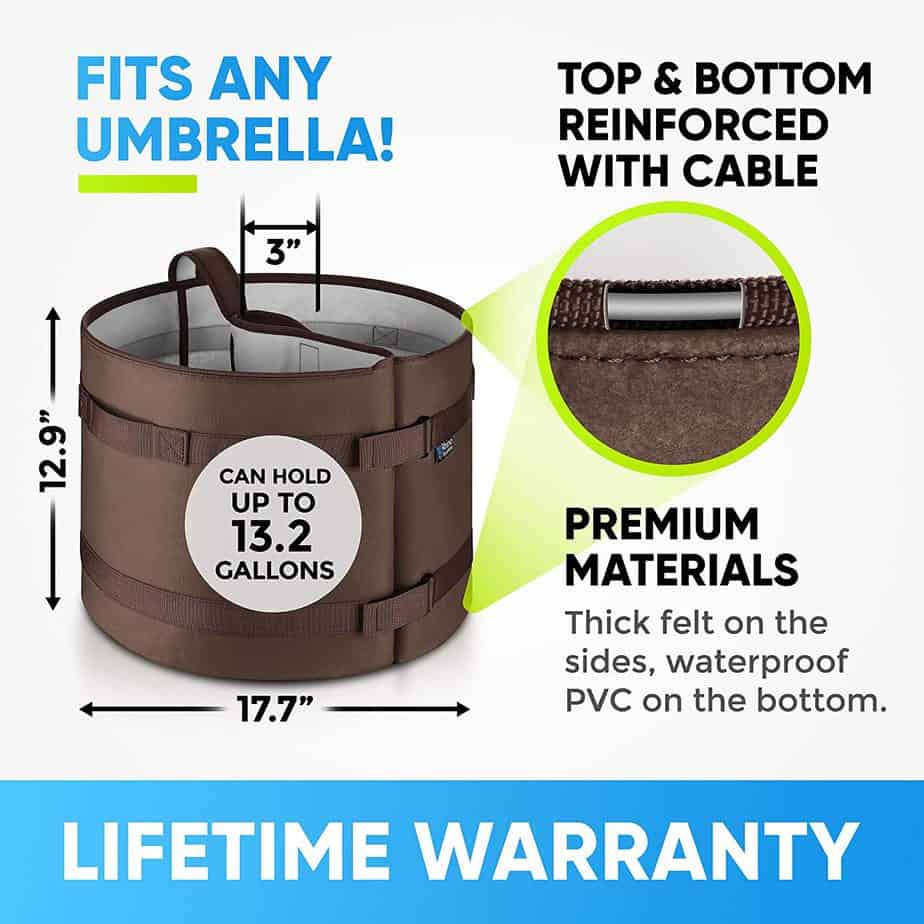 BaseMate The Original Rhino Patio Umbrella Base Weight Planter - - Premium Windproof Garden Planters Weight Secures Safety & Adds Beauty - Non-Woven Grow Bag Fabric Pot. [18 inch] (Brown)