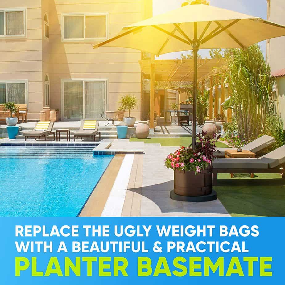 BaseMate The Original Rhino Patio Umbrella Base Weight Planter - - Premium Windproof Garden Planters Weight Secures Safety & Adds Beauty - Non-Woven Grow Bag Fabric Pot. [18 inch] (Brown)