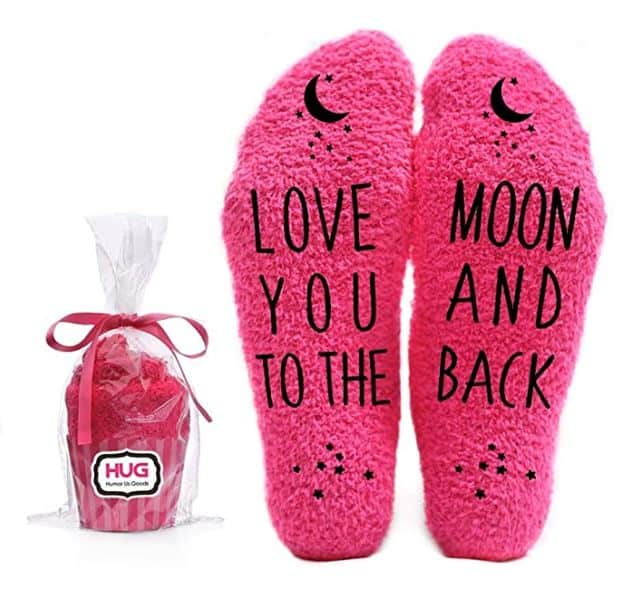 Love You to the Moon and Back Funny Socks - Cool Pink Fuzzy Novelty Cupcake Packaging for Her - Gift Idea for Mom, Wife, Sister, Friend, Aunt or Grandma - Birthday, Christmas Stocking Stuffer - 1 Pair...buy it on Amazon!