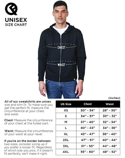 Reversible Backpack Hoodie Size Chart