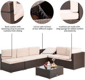 Pamapic 7 Pieces Outdoor Sectional, Wicker Patio Sectional Sofa Conversation Set, Rattan Sofa with Coffee Table and Washable Cushions Covers, Brown Rattan(Beige Cushions)