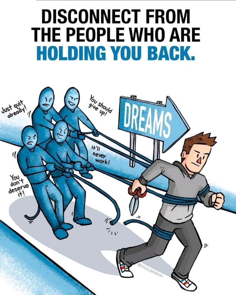 Disconnect from the people who are holding you back, an image of a man cutting ropes tied to back carrying people saying he will not make it.