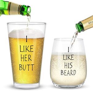 I Like His Beard Stemless Wine Glass and I Like Her Butt Beer Glass Set for Couples
