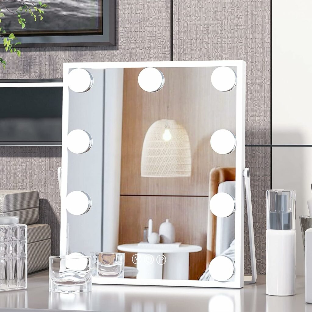 CASSILANDO Hollywood Vanity Mirror with Lights, Vanity Makeup Mirror with 9 LED Bulbs, 3 Color Lighting Modes, U-Shaped Bracket, Smart Touch Control. Buy it on Amazon now!