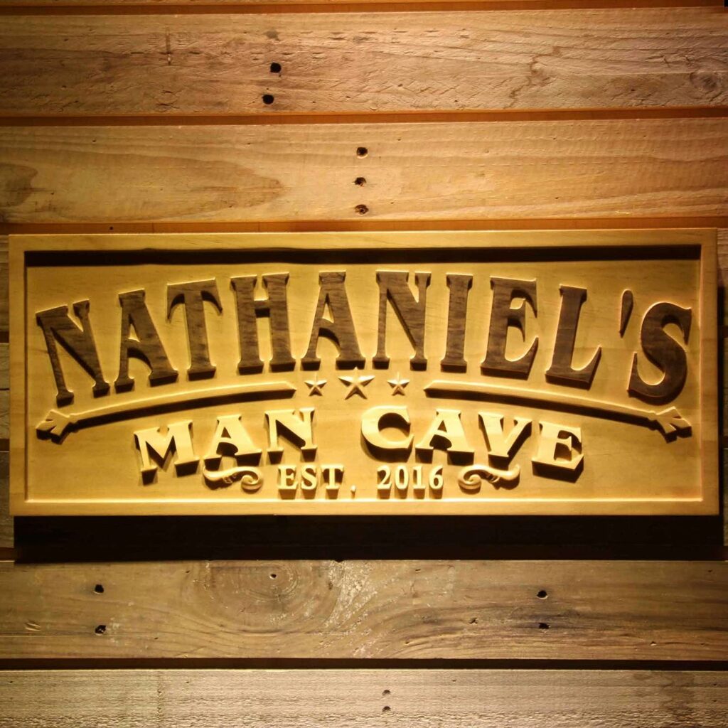 These personalized wooden engraved mancave establishment signs are a great gift for him. Get a personalized mancave establishment sign for your special guy now!